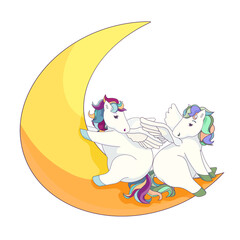 Two cute Pegasus on the the Crescent Moon, Cartoon Pegasus is pushing other one off the Moon on white isolated background, isolated vector Pegasus, concept of Magical flying horses and Fairytales.