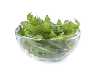 Delicious fresh arugula on glass bowl isolated on white