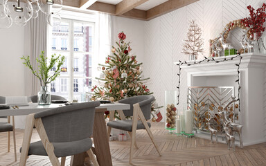 New year tree in classic dining living room interior. Christmas eve decoration