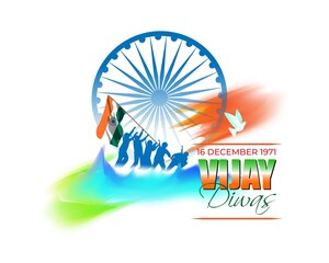 Vector illustration of Vijay Diwas (VICTORY DAY)banner, 16 december 1971, India flag, soldier with rifle and helmet, flying birds, banner template for websites.
