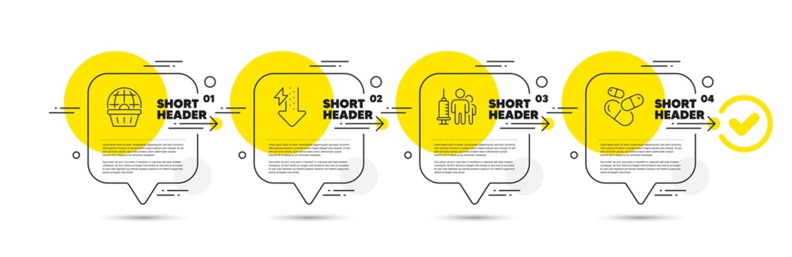 Energy Drops, Medical Vaccination And Online Shopping Line Icons Set. Timeline Infograph Speech Bubble. Capsule Pill Sign. Power Usage, Syringe Vaccine, Internet Buying. Medicine Drugs. Vector