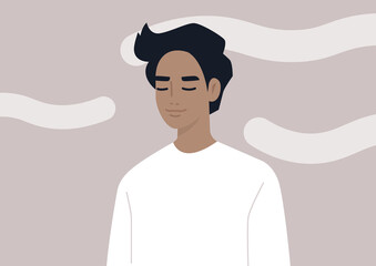 Head in the clouds, a portrait of a young male character daydreaming, mindfulness, meditation, and mental health balance
