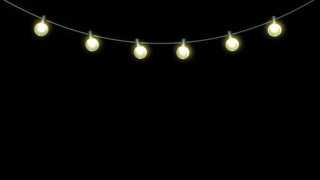 Festival string lights, hanging down bulbs, gentle light flicker, 3D animation, on transparent background in 4K version only and with alpha matte for HD version.