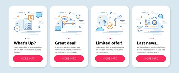 Set of Technology icons, such as Correct way, 24h service, Calculator symbols. Mobile app mockup banners. Motherboard line icons. Good choice, Support, Money management. Computer component. Vector