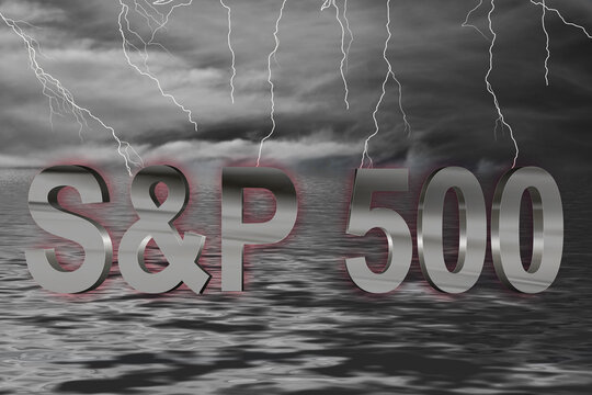 Börse Ozean Gewitter mit Blitzen und Schriftzug S&P 500 in Chrom
