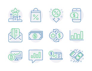 Finance icons set. Included icon as Shopping bag, Bitcoin chart, Analytical chat signs. Credit card, Phone payment, Vip podium symbols. Online accounting, Report diagram, Loyalty points. Vector