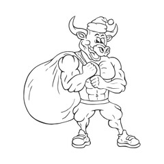 Black and white illustration of a strong muscular cartoon bull with a huge  bag of gifts and a Santa Claus hat. Funny cartoon character..