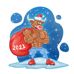 Strong muscular cartoon bull with a huge red bag of gifts and a Santa Claus hat. 2021 inscription on the  bag.  Greeting card.  2021 Chinese New Year of the bull..