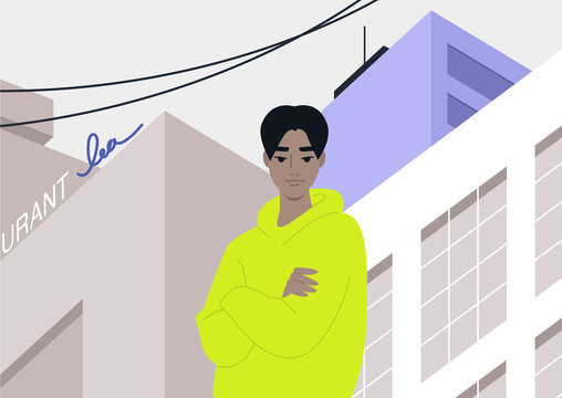 The architectural concept, a young male Asian character standing on the street in downtown, skyscrapers and city infrastructure