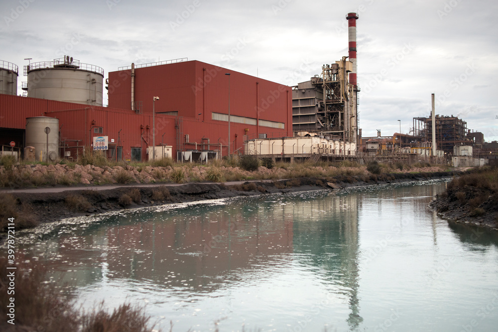 Wall mural power plant with polluted river