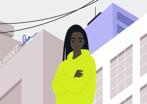 The architectural concept, a young female Black character standing on the street in downtown, skyscrapers and city infrastructure