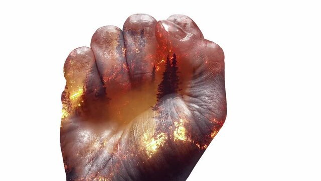 Fight against climate change and global warming, Fist, forest fire, Double exposure - 3D motion graphics animation
