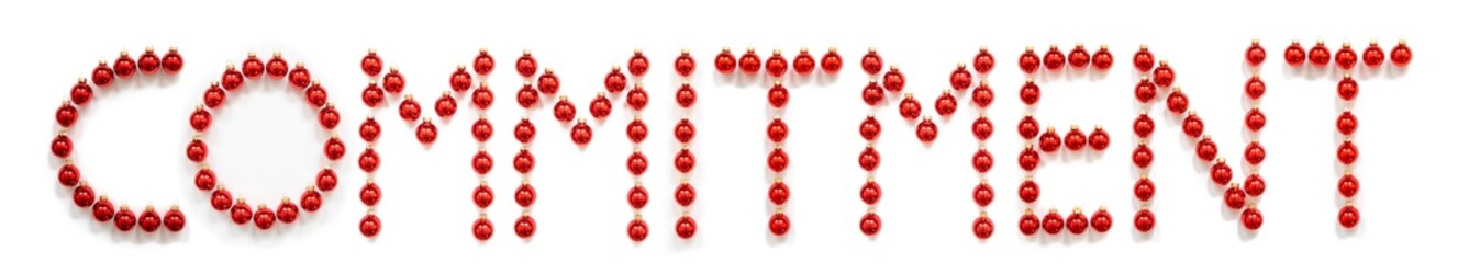 Red Christmas Ball Ornament Building English Word Commitment. Festive Christmas Decoration. White Isolated Background