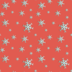 Seamless pattern with glittery snowflakes on red background, 3d rendering