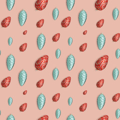 Seamless pattern with Christmas tree toys on red-orange background, 3d rendering