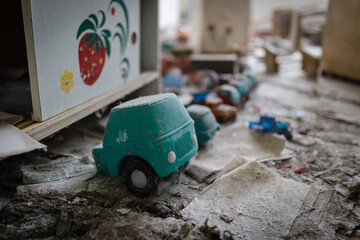 An abandoned children's toys in a kindergarten in the abandoned city of pripyat