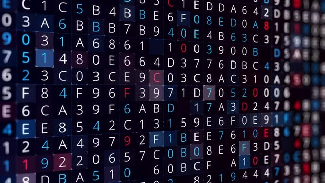 Rows of changing symbols, hacking a password on black background, seamless loop. Animation. Abstract moving random letters, numbers associated with cyber attack on a panoramic view of squared pattern.