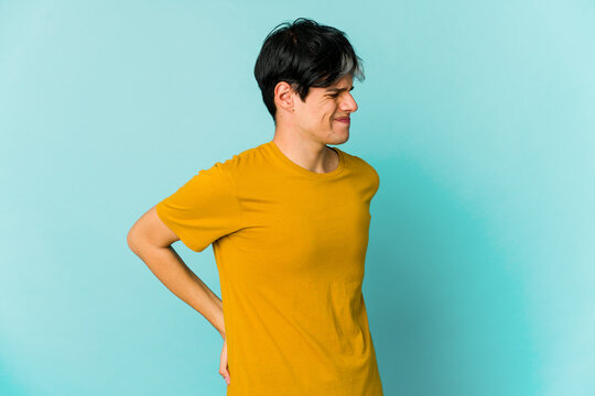 Young caucasian skinny man expressing emotions isolated on blue background