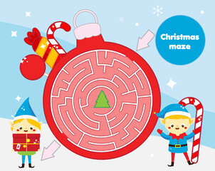 Christmas Maze game for children. New year labyrinth theme kids activity sheet with funny elf