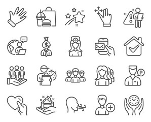 People icons set. Included icon as Oculist doctor, Best buyers, Valet servant signs. Group, Safe time, Manager symbols. Hand, Skin care, Messenger mail. Move gesture, Women headhunting. Vector