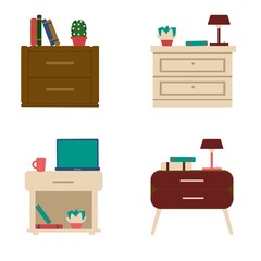Nightstand set whith books and home plants Flash vector illustration