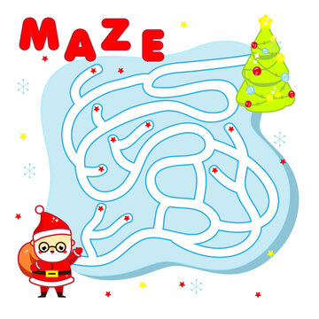 Christmas Maze game for children. New year labyrinth theme kids activity sheet with Santa Claus
