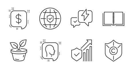Head, Copyright protection and Security statistics line icons set. Lightning bolt, Global insurance and Payment message signs. Leaves, Book symbols. Quality line icons. Head badge. Vector