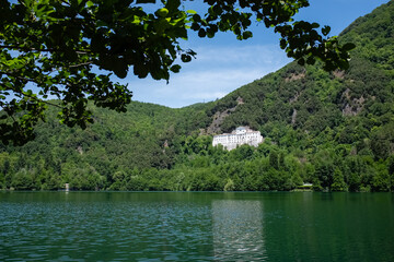 View of Monticchio lake and San Michele Arcangelo Abbey - Basilicata, Italy