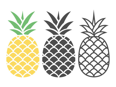 Pineapple icon set. Healthy fruit food collection isolated on white. Vector tropical illustration.