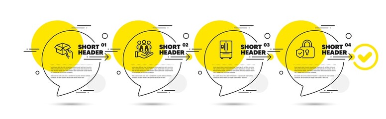 Refrigerator, Hold box and Best buyers line icons set. Timeline infograph speech bubbles. Security lock sign. Fridge ice maker, Delivery parcel, Customers care. Shield protection. Business set. Vector