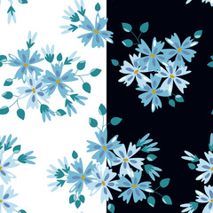Pattern set with blue flowers, Light and dark background pattern set, Pattern set, Spring flower pattern, black and white background with flowers