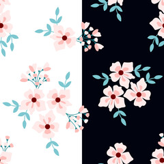 Pattern set with pale pink flowers, Light and dark background pattern set, Pattern set, Spring flower pattern, black and white background with flowers