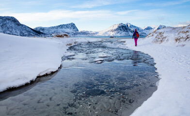 Haukland beach in winter in the Lofoten archipelago Norway