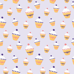 Vector seamless pattern with cupcakes. Sweet yummy