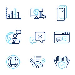 Business icons set. Included icon as Insurance hand, Smartphone glass, Browser window signs. Diagram graph, No internet, Online shopping symbols. Seo internet, Reject line icons. Vector