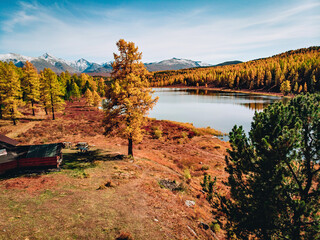 Fototapeta na wymiar Top view on the shore of a deeply beautiful lake near the yellow forest and the red car on the right