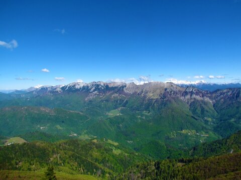 View of a mountain range in Julian alps in Gorenjska, Slovenia above Baska Grapa