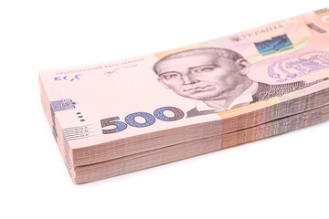500 Ukrainian Hryvnia banknotes on white background, closeup