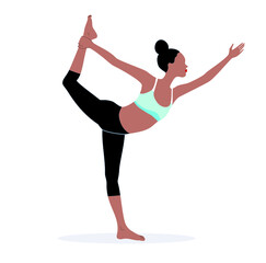 Black woman doing one legged stand. Yoga pose.