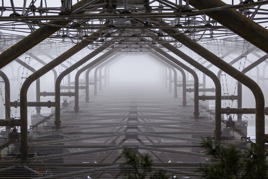 Soviet radar Duga in foggy weather. Russian woodpecker - over-the-horizon radar station near Chernobyl