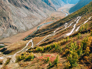 Dron view on a high-pitched Kathu pass Yaryk, Altai Mountains