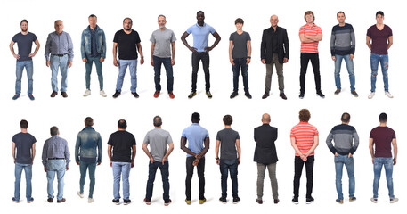 rear and front view of group of man with jeans on white background