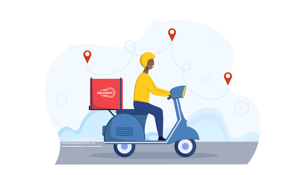 Delivery man driving scooter big bag. Concept of online delivery service with online order tracking. Flat cartoon vector illustration