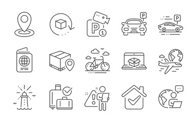 Passport, Car parking and Lighthouse line icons set. Parcel tracking, Parking security and Bike rental signs. Online delivery, Baggage reclaim and International flight symbols. Line icons set. Vector