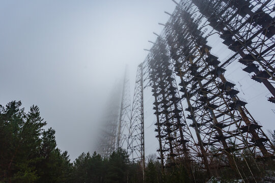 Soviet radar Duga in foggy weather. Russian woodpecker - over-the-horizon radar station near Chernobyl
