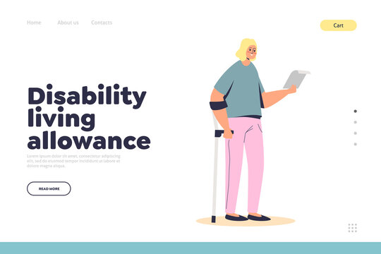 Disability living allowance concept of landing page with young girl standing on crutch