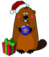 Funny cartoon Christmas beaver in Santa hat with gift box and Christmas ornament