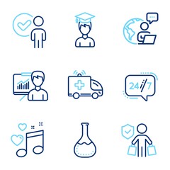 Business icons set. Included icon as Chemistry lab, Presentation, Verification person signs. Ambulance car, Student, 24/7 service symbols. Buyer insurance, Love music line icons. Vector