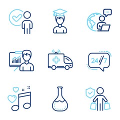 Fototapeta premium Business icons set. Included icon as Chemistry lab, Presentation, Verification person signs. Ambulance car, Student, 24/7 service symbols. Buyer insurance, Love music line icons. Vector