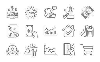Fototapeta na wymiar Bill accounting, Diagram chart and New star line icons set. Report, Finance and Contactless payment signs. Market sale, Bitcoin and Business targeting symbols. Line icons set. Vector